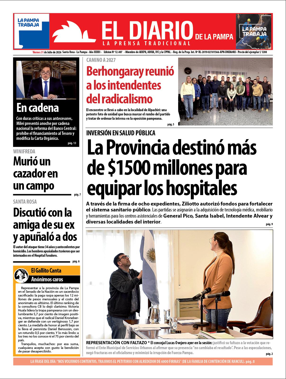 Tapa de El Diario en papel  viernes 31 de julio de 2026